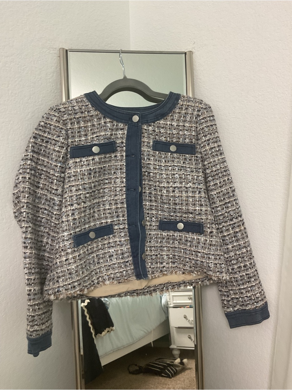 ecru Collarless Tweed Cropped Jacket in Blue and Gray